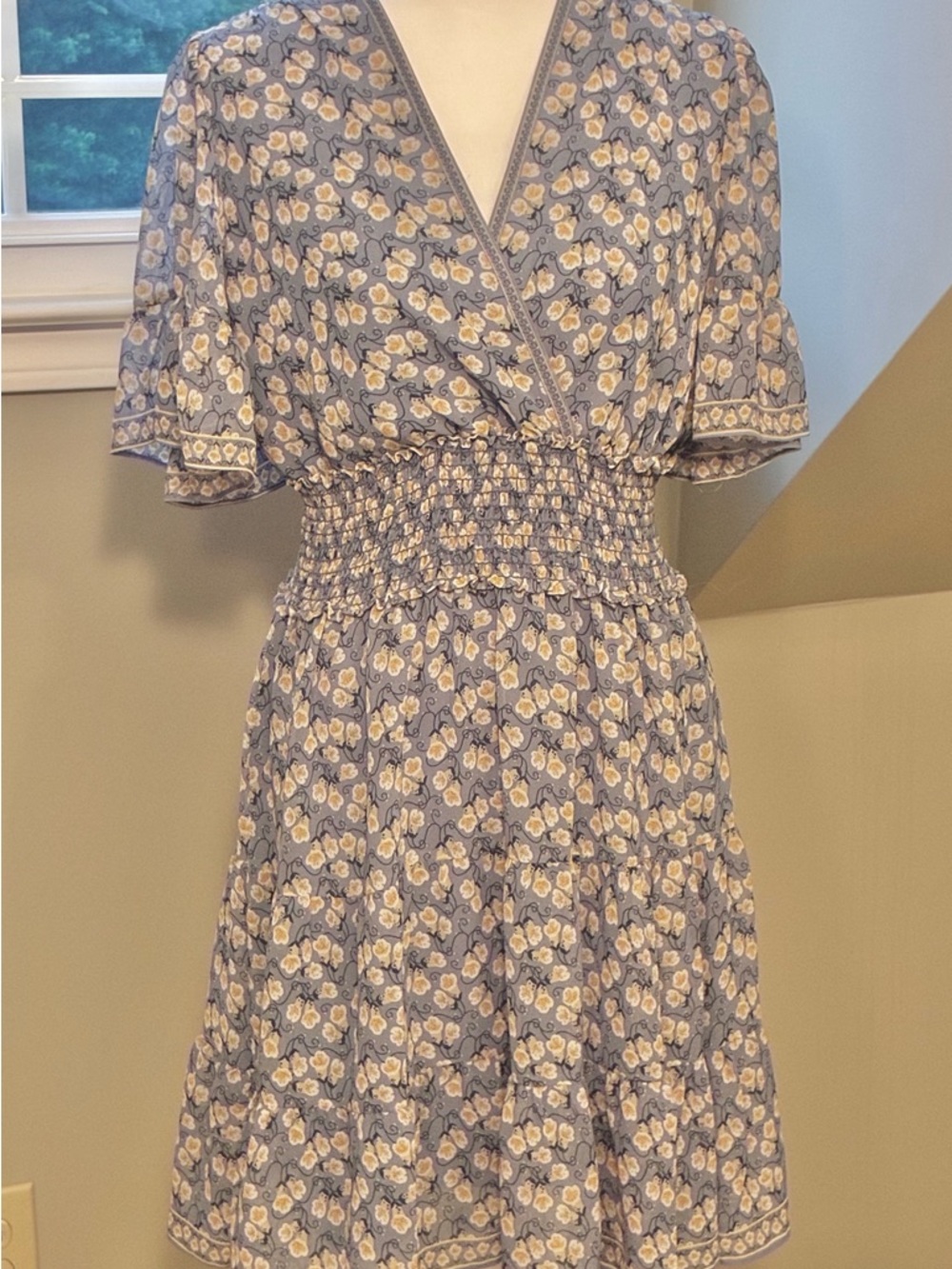 Max Studio Light Blue Floral Smocked-Waist Mini Dress